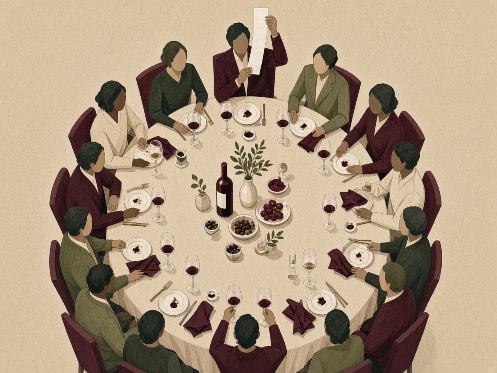 Illustrated round table of friends — one person reading the check